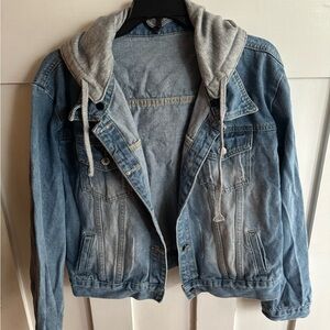 Women's Blue Denim Jacket with Gray Hood